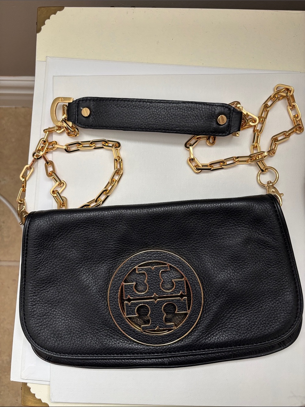 Tory Burch Black Leather Crossbody with Gold Chain Strap